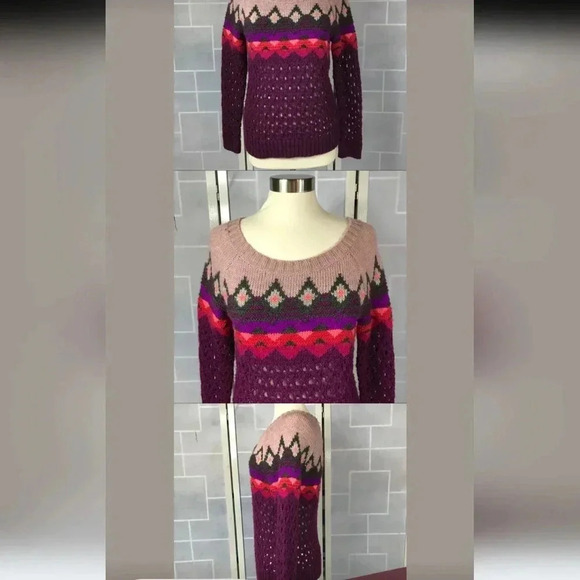 American Eagle Sweater Fair Isle Crew Neck wool blend Purple Orange Pinks Size L - Picture 6 of 13